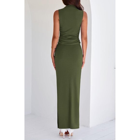 Women's Army Green Two Piece Sets Going Mock Neck Sleeveles Knit Tops Maxi Skirt - Picture 3 of 6